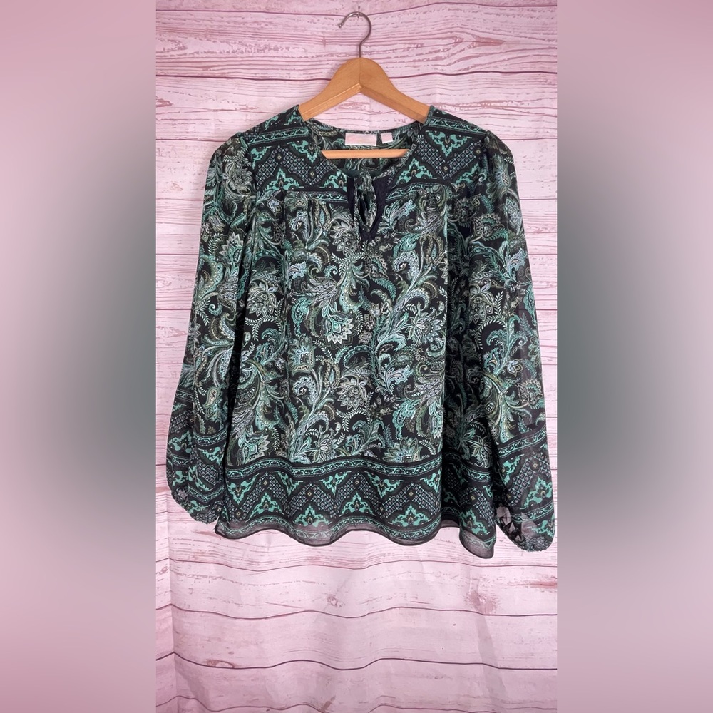Belle by Kim Gravel long sleeve blouse Sz M Green Black Paisley Floral Print